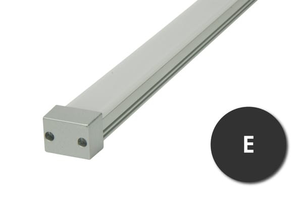 Slim compacted surface mounted aluminum profile E from GlowbackLED for low to medium output led strip, with a frosted lens